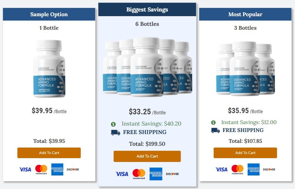 Advanced Amino Formula official checkout page showing bottle packages, discounts, pricing, and available offers
