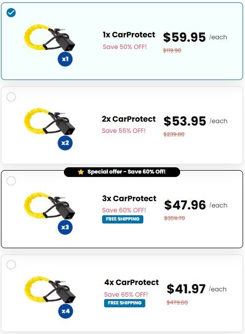 CarProtect official checkout page showing bundle options, discounts, pricing, and available offers