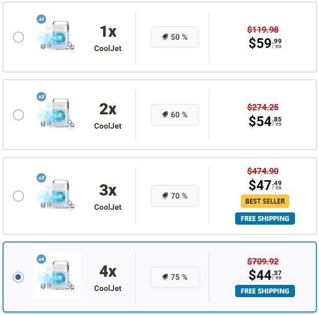 CoolJet portable air cooler package options available on the official website