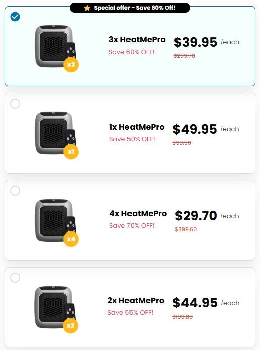 HeatMe Pro official checkout page showing multi-unit bundle options, discounts, pricing, and available offers