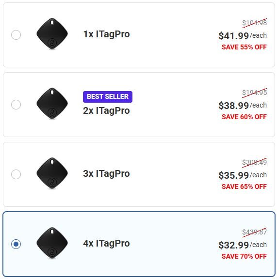 iTagPro Smart GPS Tracker package options available on the official website