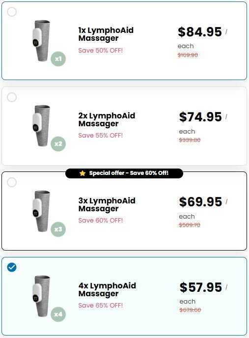 LymphoAid Massager official checkout page showing bundle options, discounts, pricing, and available offers