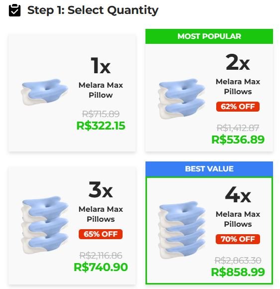 Melara Max package quantity options showing multiple ergonomic pillows available with bundle offers and sleep comfort benefits