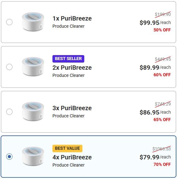 PuriBreeze package options with available bundles and discounts on the official website