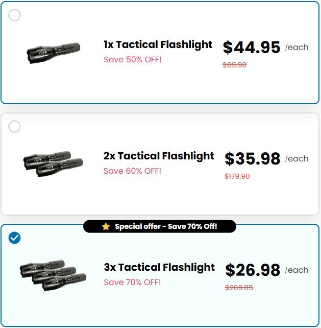 Tactical Flashlight 2025 official checkout page showing bundle options, discounts, pricing, and available offers