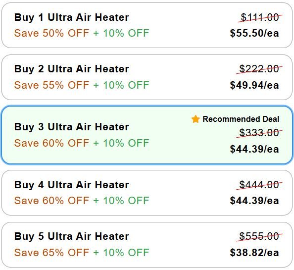 Ultra Air Heater official checkout page showing bundle options, discounts, pricing, and available offers