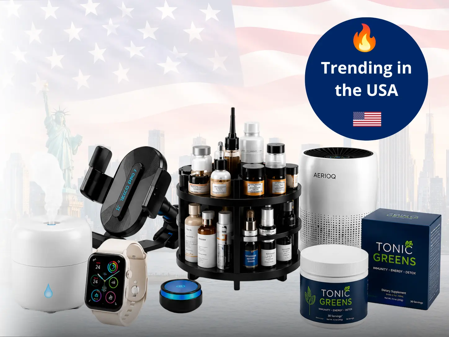 Collection of trending USA products including smart gadgets, wellness devices, air purifier, Tonic Greens supplement, and skincare organizer with the New York City skyline and American flag in the background